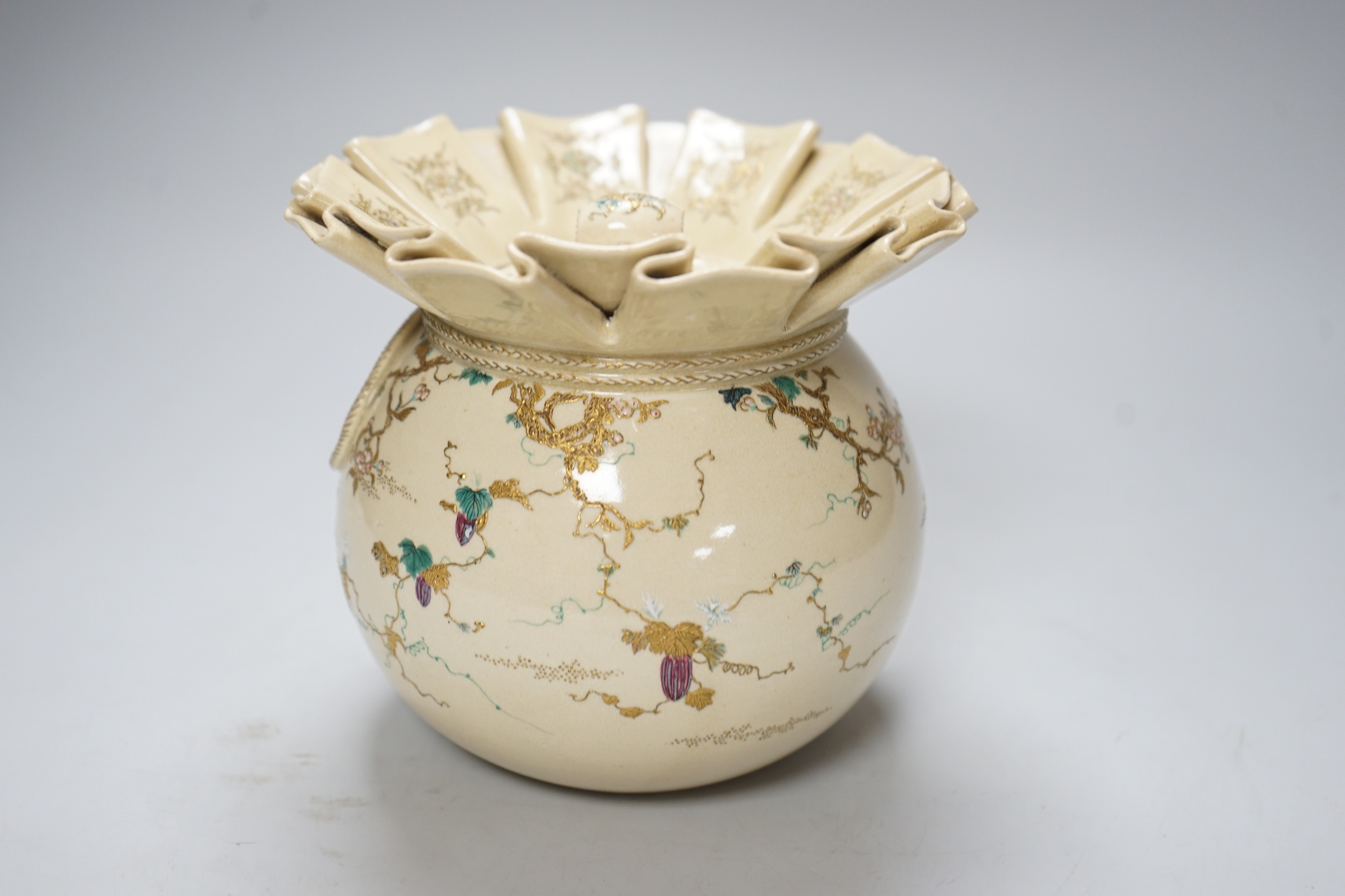 A Japanese Satsuma pottery jar and cover, Meiji period in the form of Daikoku's sack, together with two Kutani cups, tallest 14.5cm